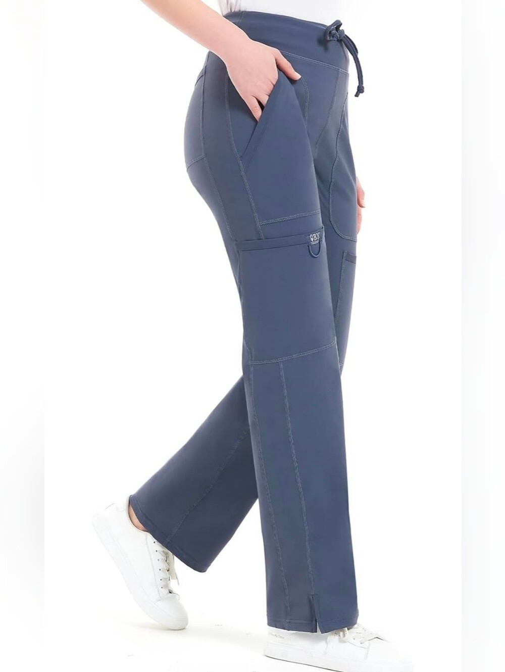 QBK Yoga Scrub Pants Women Five Pocket Cargo Scrub Pan Blue Grey Color Smal New - Picture 3 of 16